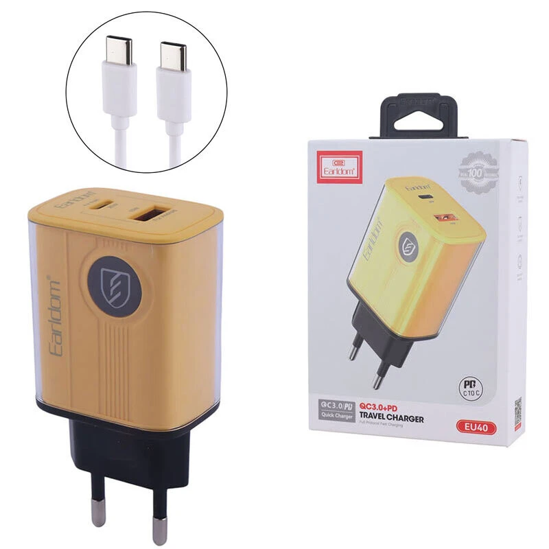 شارژر دیواری 20 وات ارلدام Earldom ES-EU40 QC3.0 PD 3A + کابل تبدیل تایپ سی