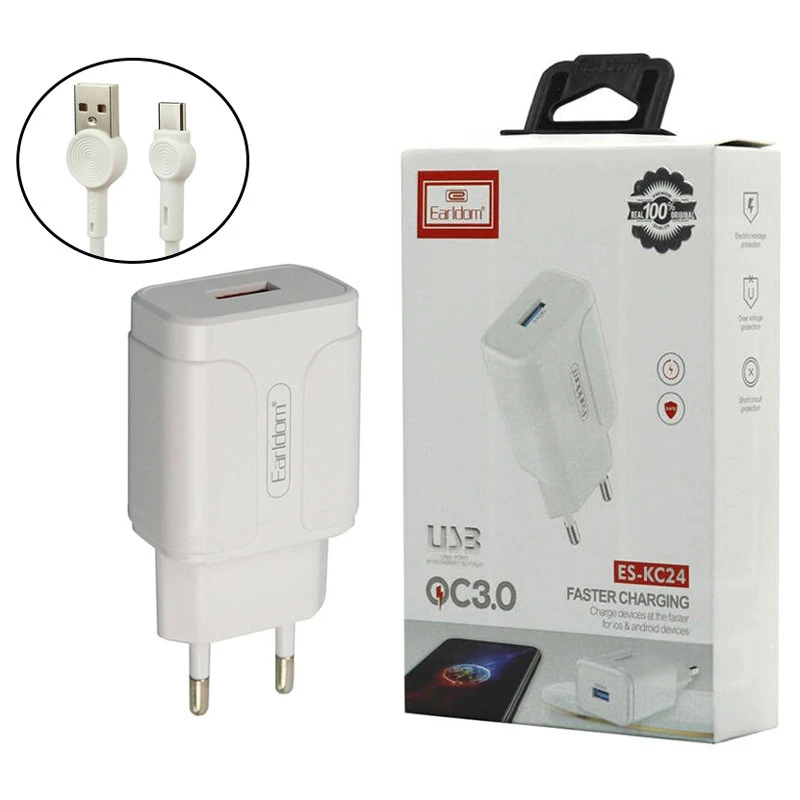 شارژر دیواری فست شارژ ارلدام Earldom ES-KC24 2.4A QC3 12W + کابل Type-C